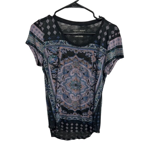 Lucky Brand Persian Carpet Short Sleeve T-Shirt Black Purple Sz Small Mandala - Picture 1 of 8